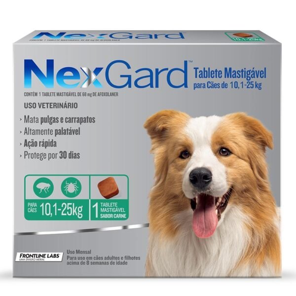 Antipulgas e Carrapatos NexGard para Cães de 10,1 a 25kg Com 3 Comprimidos