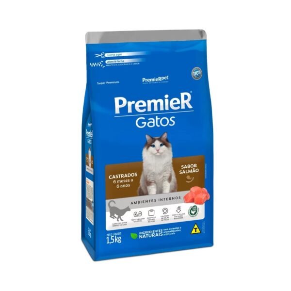 Ração Premier para Gatos Castrados de 6 meses a 6 anos Sabor Salmão 1,5 Kg