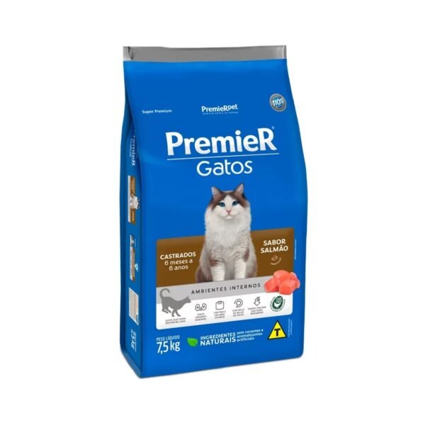 Ração Premier para Gatos Castrados de 6 meses a 6 anos Sabor Salmão 7,5 Kg