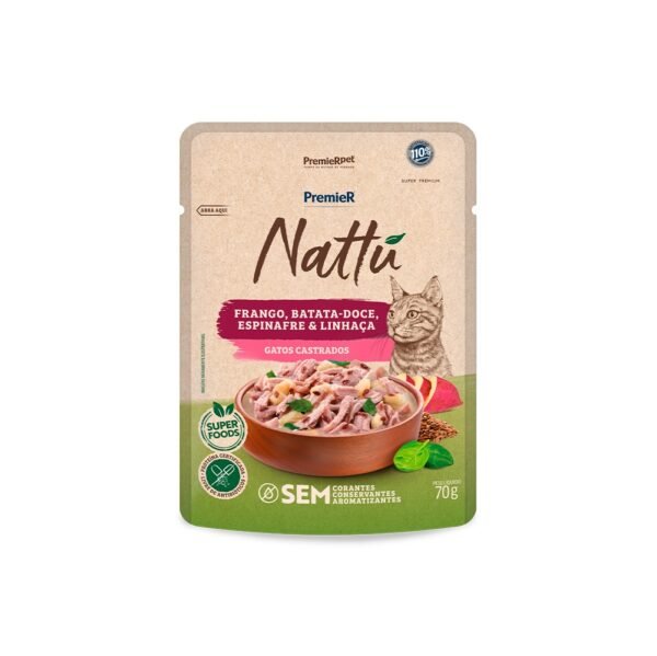Ração Úmida Premier Nattu para Gatos Castrados Sabor Frango, Batata-Doce, Espinafre e Linhaça 70 g
