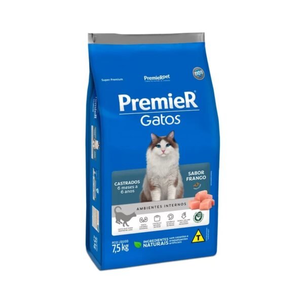 Ração Premier para Gatos Castrados de 6 meses a 6 anos Sabor Frango 7,5 Kg