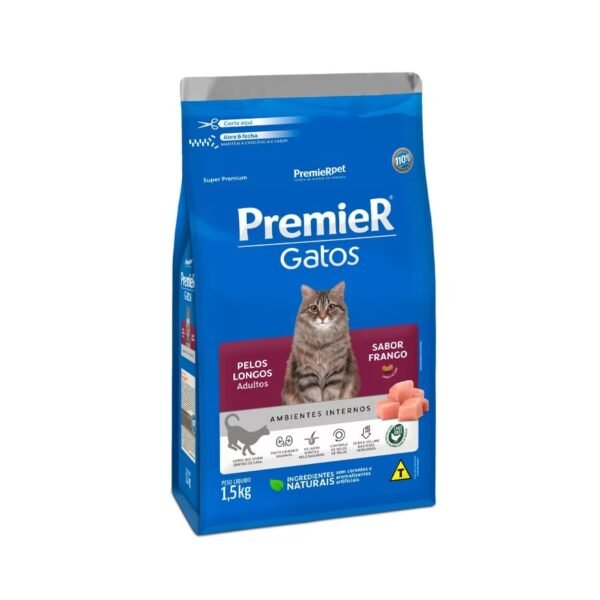 Ração Premier Ambientes Internos Pelos Longos para Gatos Adultos Sabor Frango 1,5 Kg