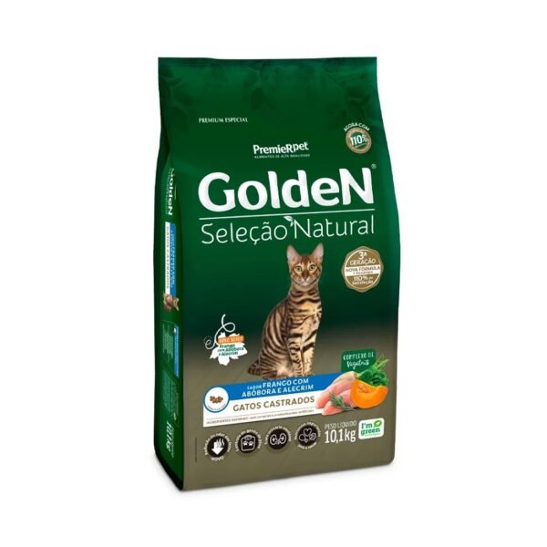 Ração Golden Seleção Natural para Gatos Adultos Castrados Sabor Frango com Abóbora e Alecrim 10,1 Kg