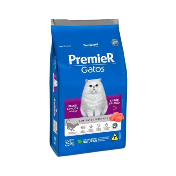 Ração Premier Ambientes Internos Pelos Longos para Gatos Adultos Sabor Salmão 7,5 Kg